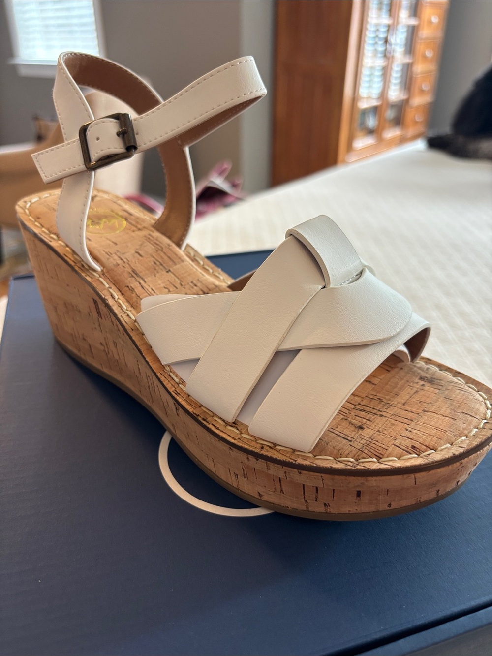New in Box White Mountain White Cork Wedge Slingback Sandals
